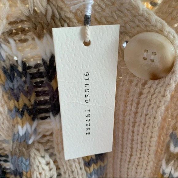 Gilded Intent Cable Knit Cardigan Sweater Cream Blue Camel Tones Size Small - Picture 10 of 12
